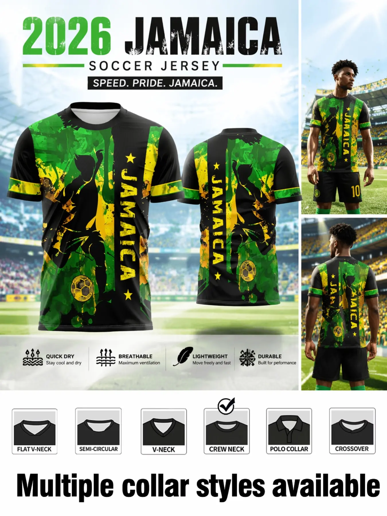 Men's Jamaica Short Sleeve Sport Jersey, Vibrant Print, Football Player Silhouette, Ideal for Sports Fans and Outdoor Activities, Lightweight Breathable Jersey