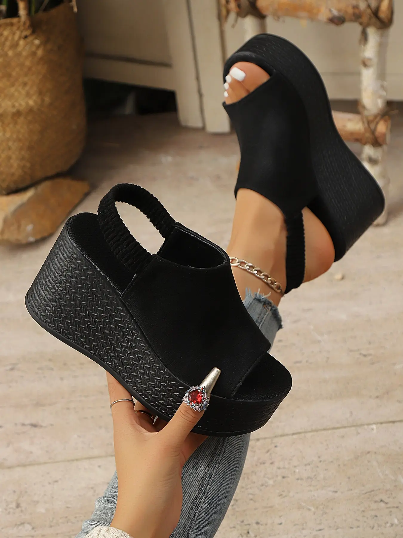 Women's Fashion Classy Wedge Heel Thick Sole Waterproof Buckle Adjustable Elastic Summer Sandals, Stylish Versatile Shoes for Women