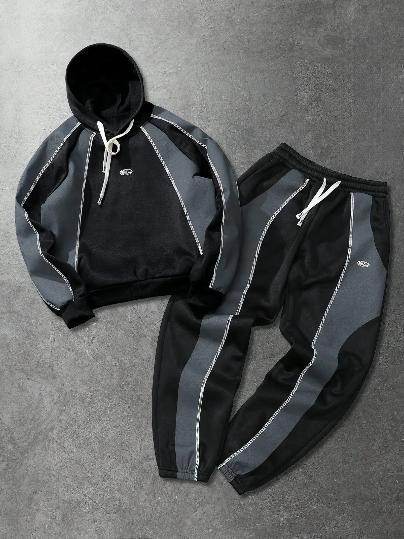 Men's Color Block Stitch Line Hoodie & Jogger Pants 2 Piece Tracksuit, Sportswear Street Style, Y2K Athletic Streetwear Matching Set, Soft Thick Sweatshirt Fabric, Drawstring Hood With Logo Embroidered, Contrast Panel With White Stripe Piping