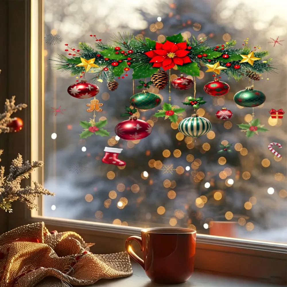 1Pc Festive Red Green Pine Branches Hanging Ornaments Static Window Clings Window Stickers Christmas Garland Baubles For Home Windows Doors Walls Holiday Party Decoration
