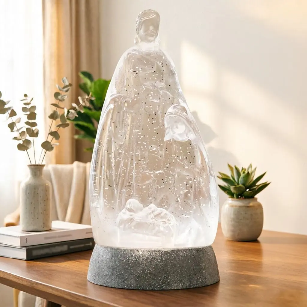 Glittering Nativity Holy Family Snow Globe with 6H Timer Battery Operated Night Light, Home Church Prayer Room Decor Religious Gift