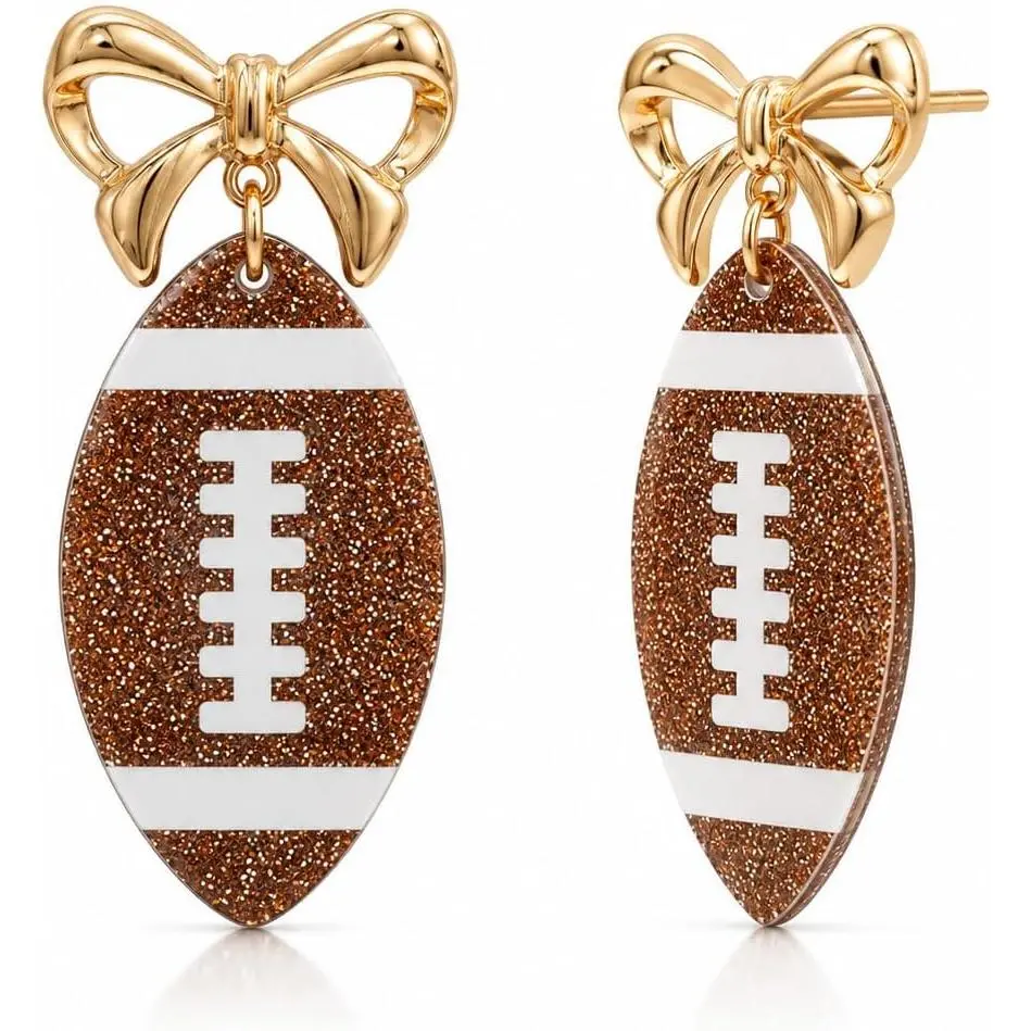 Women's Lightweight Synthetic Bow Charm Football Dangle Earrings, Modern Game Days Accessories, Football Team Fan Gifts for Day Outfits, Bow Dangles, Synthetic Base, Team Fan Motif