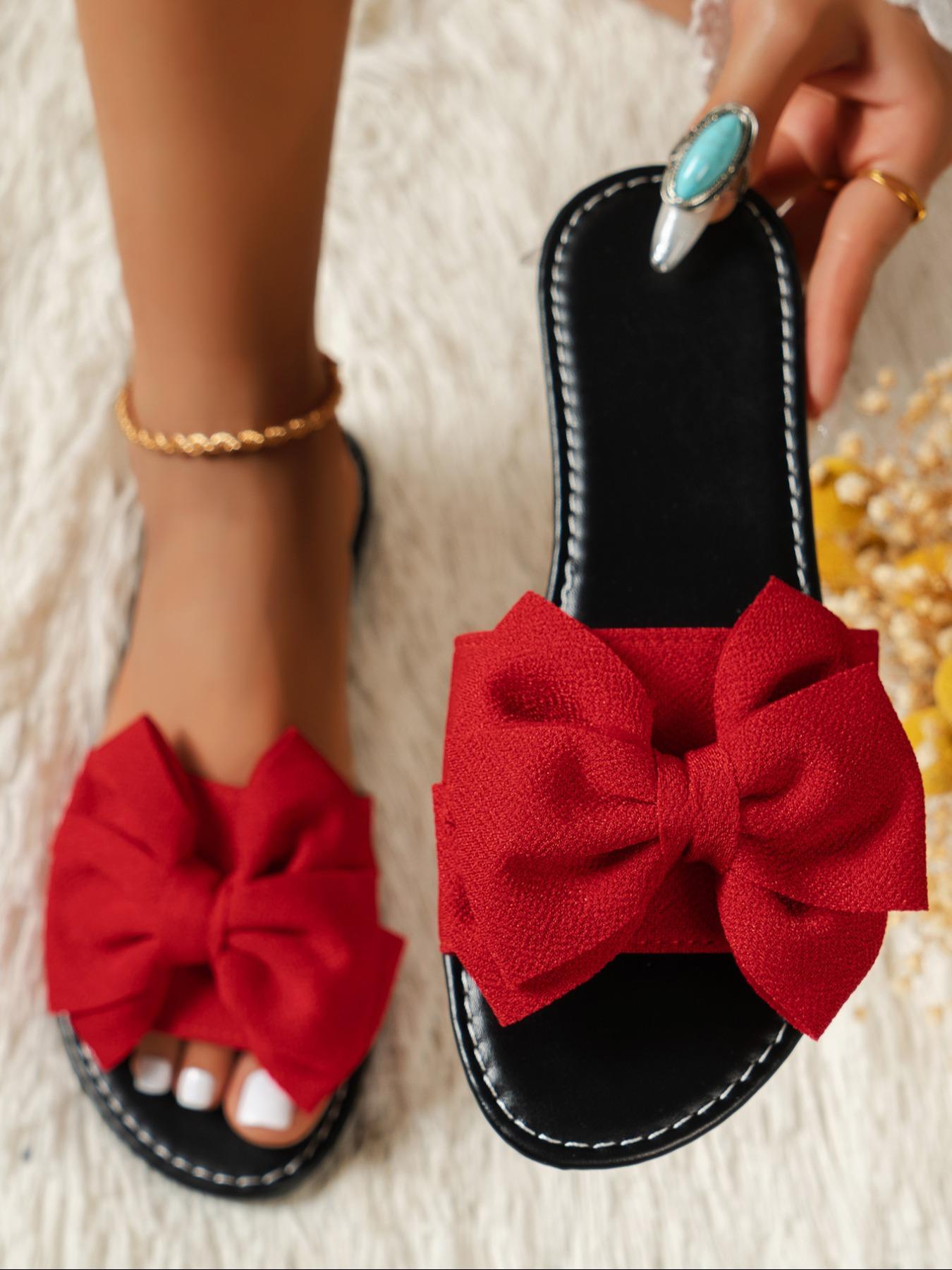 Women's Bow Decorated Slip on Flat Sandals, Boho Style Sandal, Simple Plain Lightweight Non-slip Sandals for Summer, Casual Home Sandals for Outdoor Beach