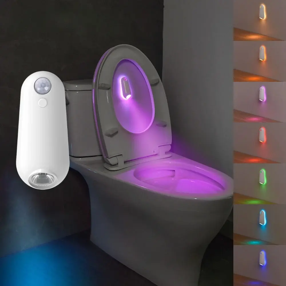 LED Smart Motion Sensor Night Light with 8-Color, USB Rechargeable, ABS+PP, Auto Change, DC 5V Power, Flexible Arm - Indoor Use for Nursery, Corridor, WC (Toilet Seat Light) Home Decor Accessory