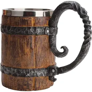 Wooden Beer Mug Beer Barrel, Large Viking Cup Wood Style Beer Mug Tankard with Handle, Antique gifts for Men Bar Restaurant Vintage Bar Accessories(18.60oz/550ml)