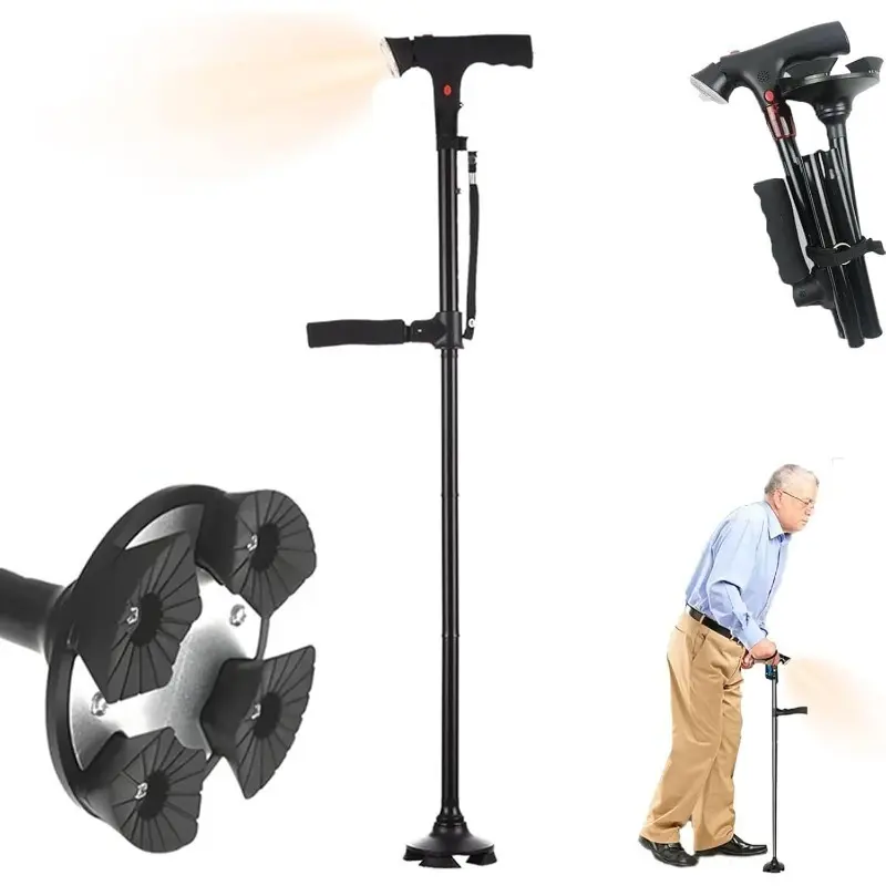 Smart Cane for Seniors - Foldable, Adjustable, Lightweight Hiking Stick with 4-Legged Base, Double Handle, LED Lights, Alarm System, Ideal Mobility Aid for Outdoor Use