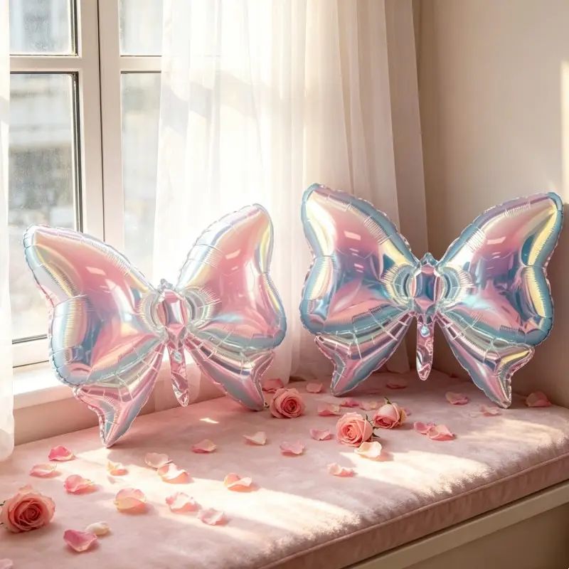 2pcs Rainbow Holographic Balloons, Reusable Laser Butterfly Alumina Film Balloons, Party Decor, Wedding, Home Decoration, Photo Props