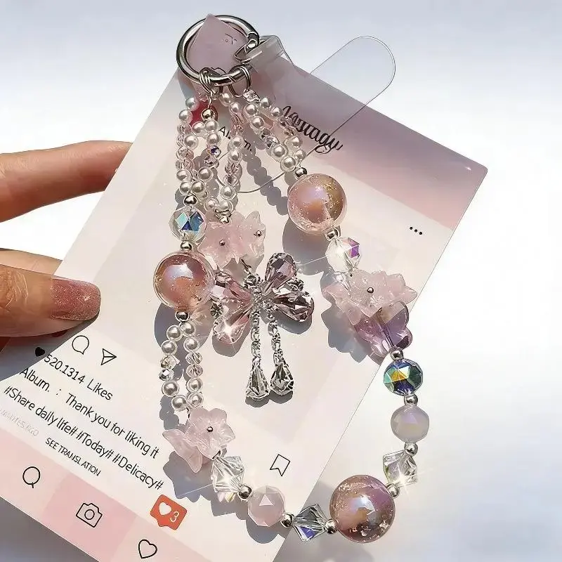 Handmade Colorful Beaded Bow Crystal Tassel Phone Wrist Strap Universal Smartphone Outdoor Decor Accessory, Phone Accessories, Funky, Peppy, Charm, Mobile, Glamorous, Cellphone