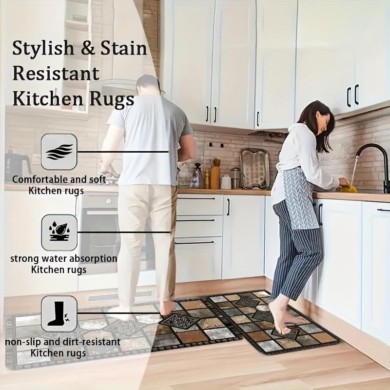 2D Flat 2pcs Brown Kitchen Absorbent Diatomaceous Earth Floor Mats, Vintage Plaid Style Long Rugs, Oil And Non-slip Backing, Fast Drying, Machine Washable, Soft And Comfortable, Suitable For Kitchen, Laundry Room, Bathroom, Hallway, Home Decor Rugs