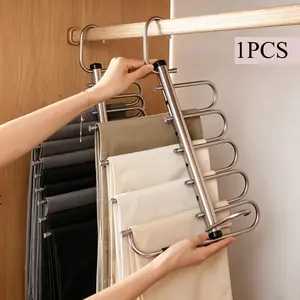 1 Piece 6-Layer Stainless Steel Magic Pants Hanger Anti-Slip No-Mark Clip Reinforced Heavy-Duty Pants Rack Space-Saving Wardrobe Organizer Adjustable Horizontal Rod Ceiling Mount