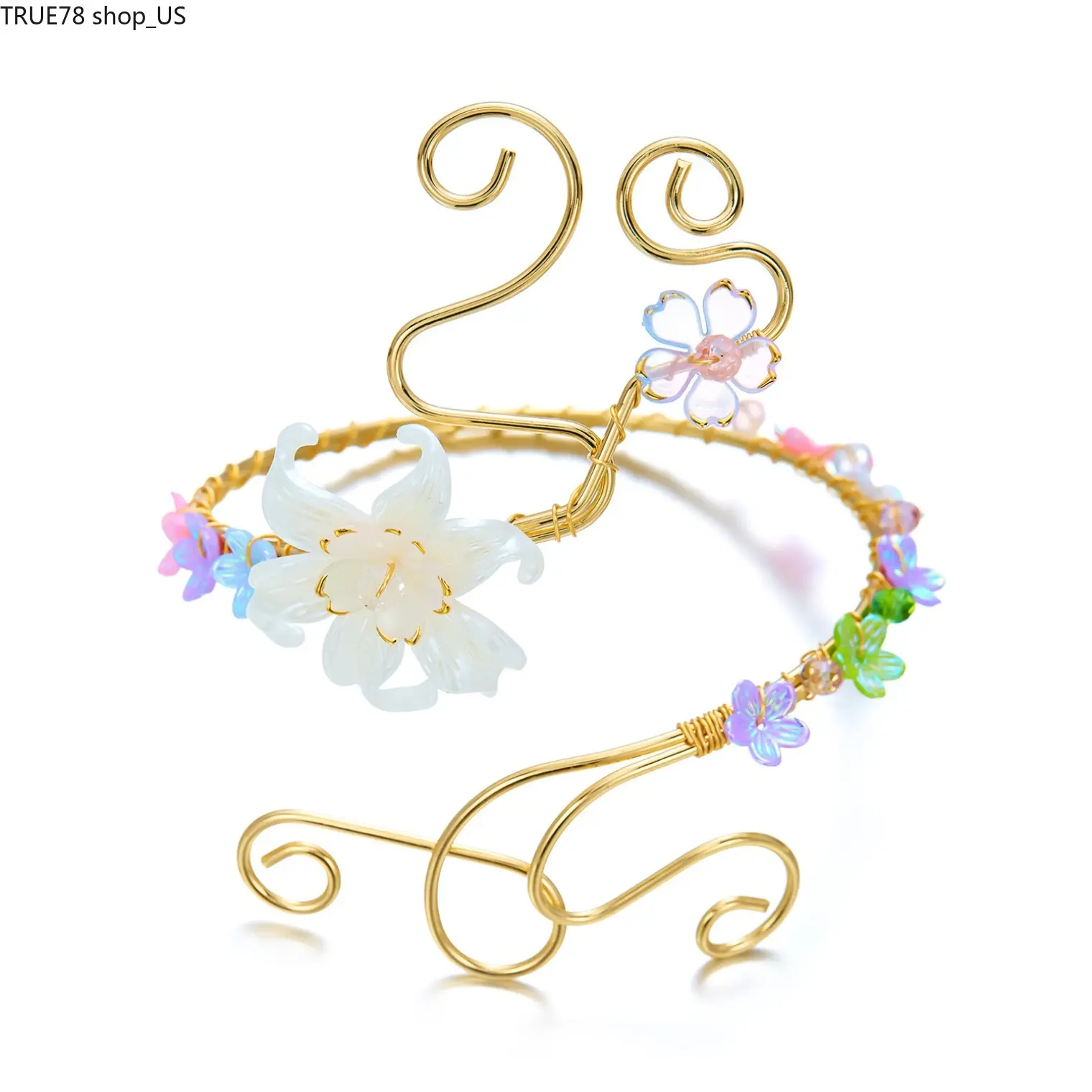 Fairycore Floral Upper Arm Cuff Bracelet for Women • Gold Wire Wrapped Spiral Armband Band • Bohemian Pearlescent Flower Body Jewelry Gifts