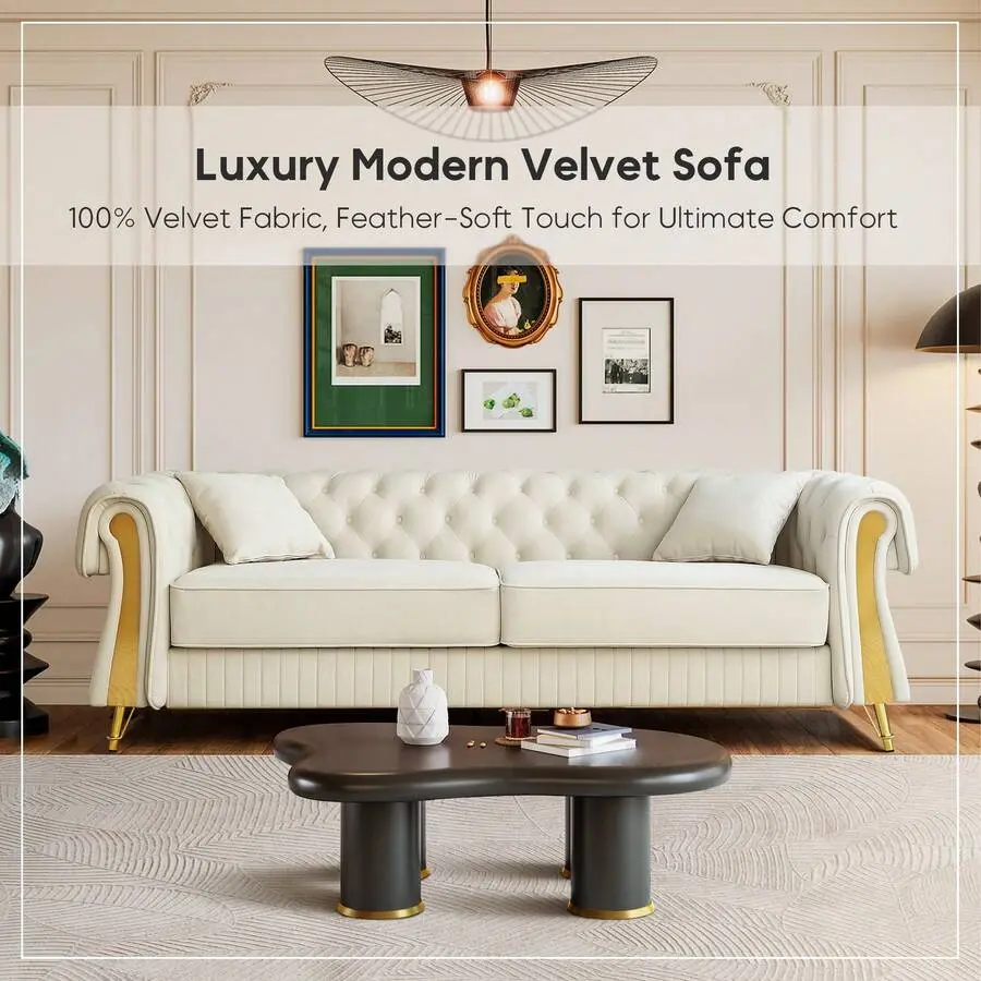 89 Inch Luxury Velvet Chesterfield Sofa, 3 Seat Tufted Couch With Gold Accent Legs, Victorian Style Upholstered Sofa With Pillows, Mid Century Modern Living Room Couch, Beige,lounge,chair,boneless upholster couch,bean,bag,crate,and,barre,co,matt,corduroy,