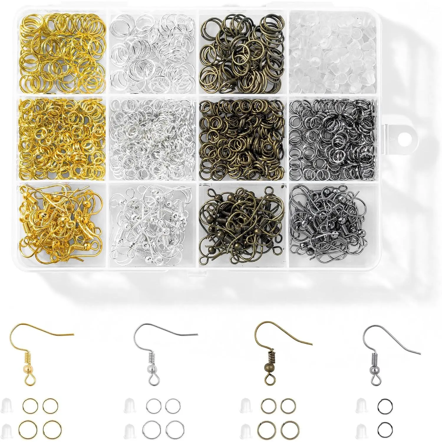Unisex Adult DIY Jewelry Craft Earring Making Supplies Kit - 4-Color Earring Hooks, 890-Count Set with Open Rings and Earring Backs for Jewelry Findings