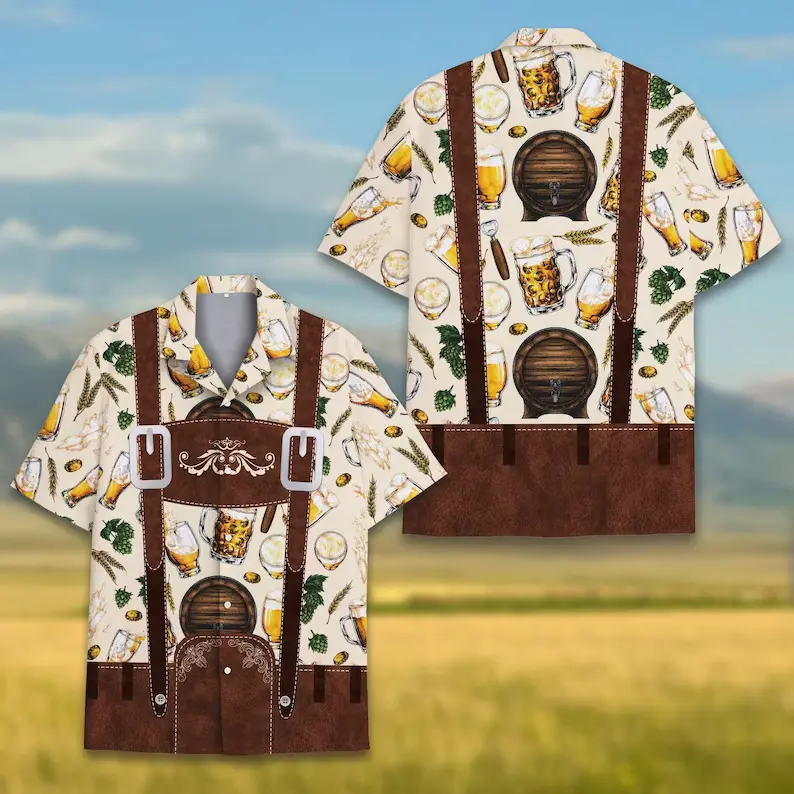 Oktoberfest Beer Hawaiian Shirt for Men Women, Funny Lederhosen Costume Shirt, Pretend Suspenders German Beer Festival Outfit