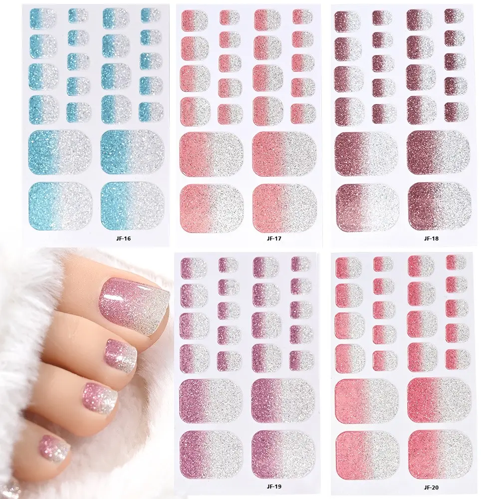 5-Piece Gradient Glitter Toe Nail Stickers, Full Coverage Self-Adhesive Pedicure Tattoos, DIY Foot Nails Decor for Women, Spring Summer