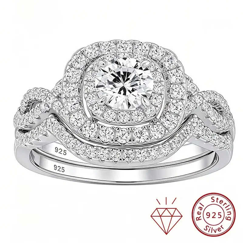 2Pcs Halo Round Cut Moissanite Wedding Ring Set for Women Solid 925 Sterling Silver Zircons Luxury Bridal Rings JR4844 Jewelry-NS
