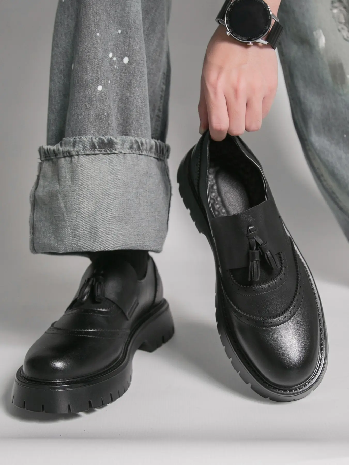 Men's Oxford Shoes, British Style Brogue Design, Thick Rubber Sole Height Increase, Anti-Slip Slip-On, Trendy Hairdresser Shoe, Business Casual Party