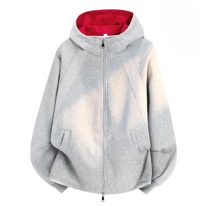 Men's Contrast Red Lining Hooded Knit Cardigan, Full Zip Long Sleeve Jacket With Side Pockets, Soft Knit Loose Casual Coat, Versatile Outerwear For Spring Autumn Daily Travel