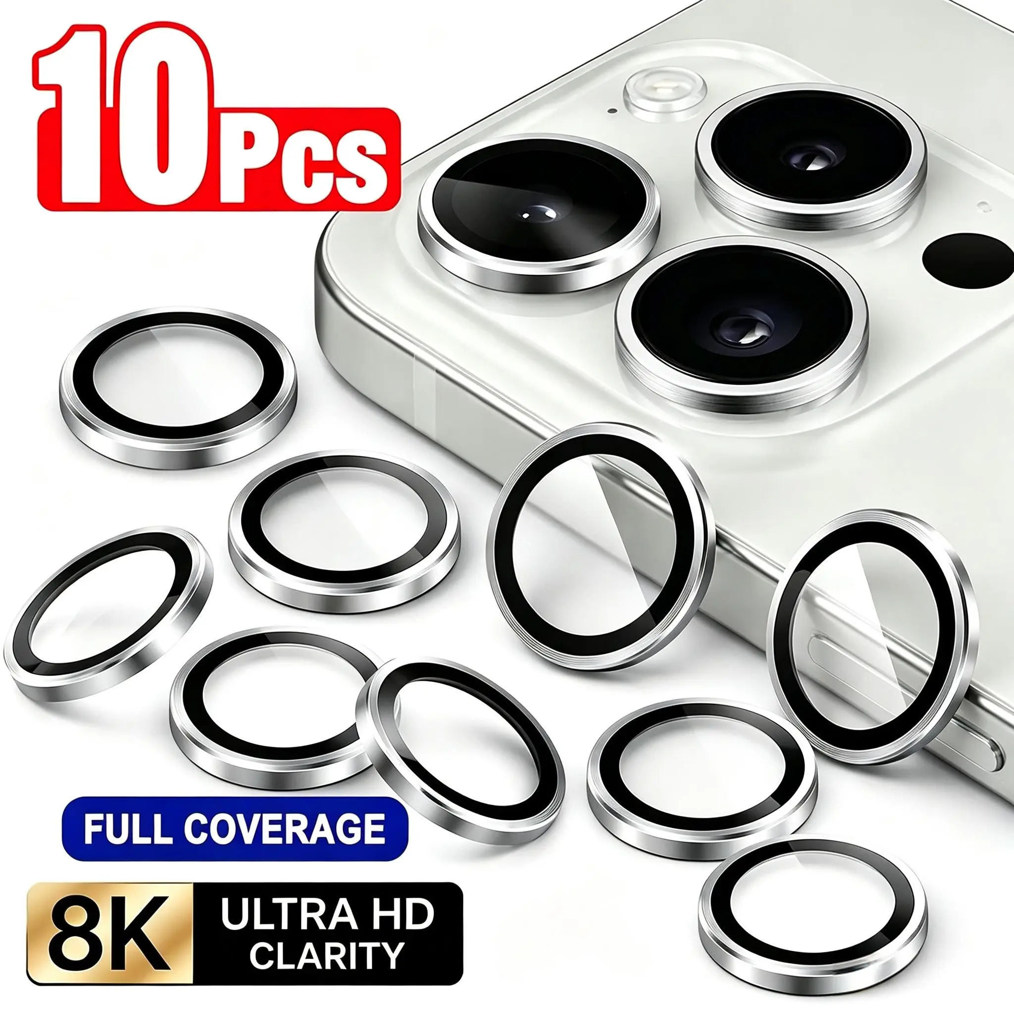 10pcs, Silver Color, Ultra HD Full Cover Camera Lens Protector for iPhone 17 Pro Max/17/17 Pro/Air/16/15/14/13/12/11/Mini/Plus, Anti-scratch Lens Protectors, 9H Tempered Camera Screen Protector, Case Friendly, Glass Camera Protector