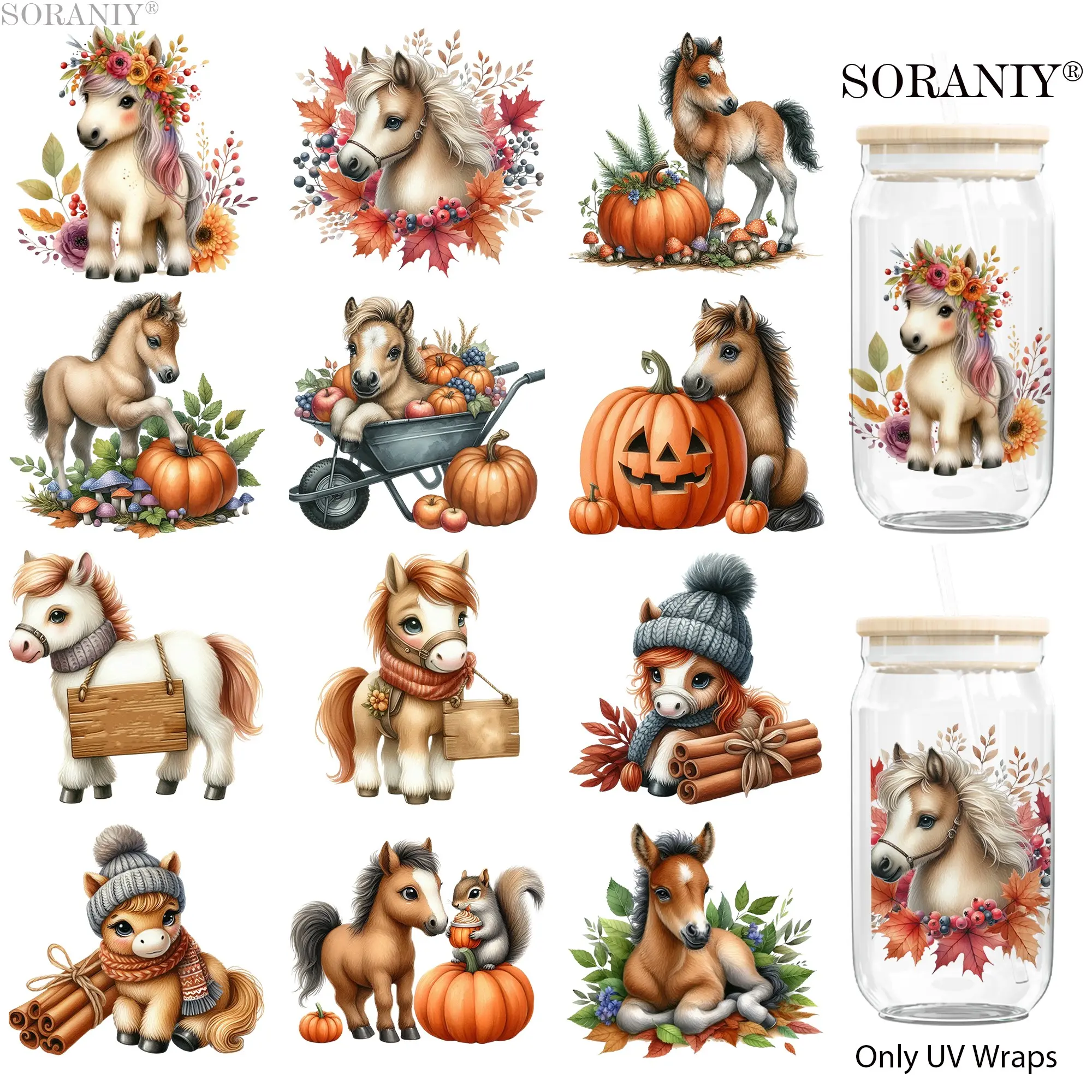 UV DTF Water Cup Sticker Set, 12 Fall Horse Theme Waterproof Stickers, DIY Transfer Paper for Cups Bottles Furniture Frames Decor Gifts