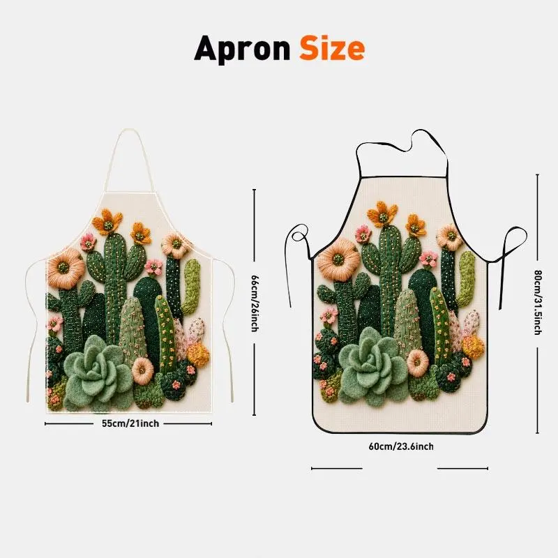 Vibrant Cactus & Succulent Embroidery Apron, Whimsical Intricate Stitching with Colorful Floral Accents, Kitchen Accessory in Multiple Specifications Available, Ideal for Cooking, Baking and Daily Kitchen Use