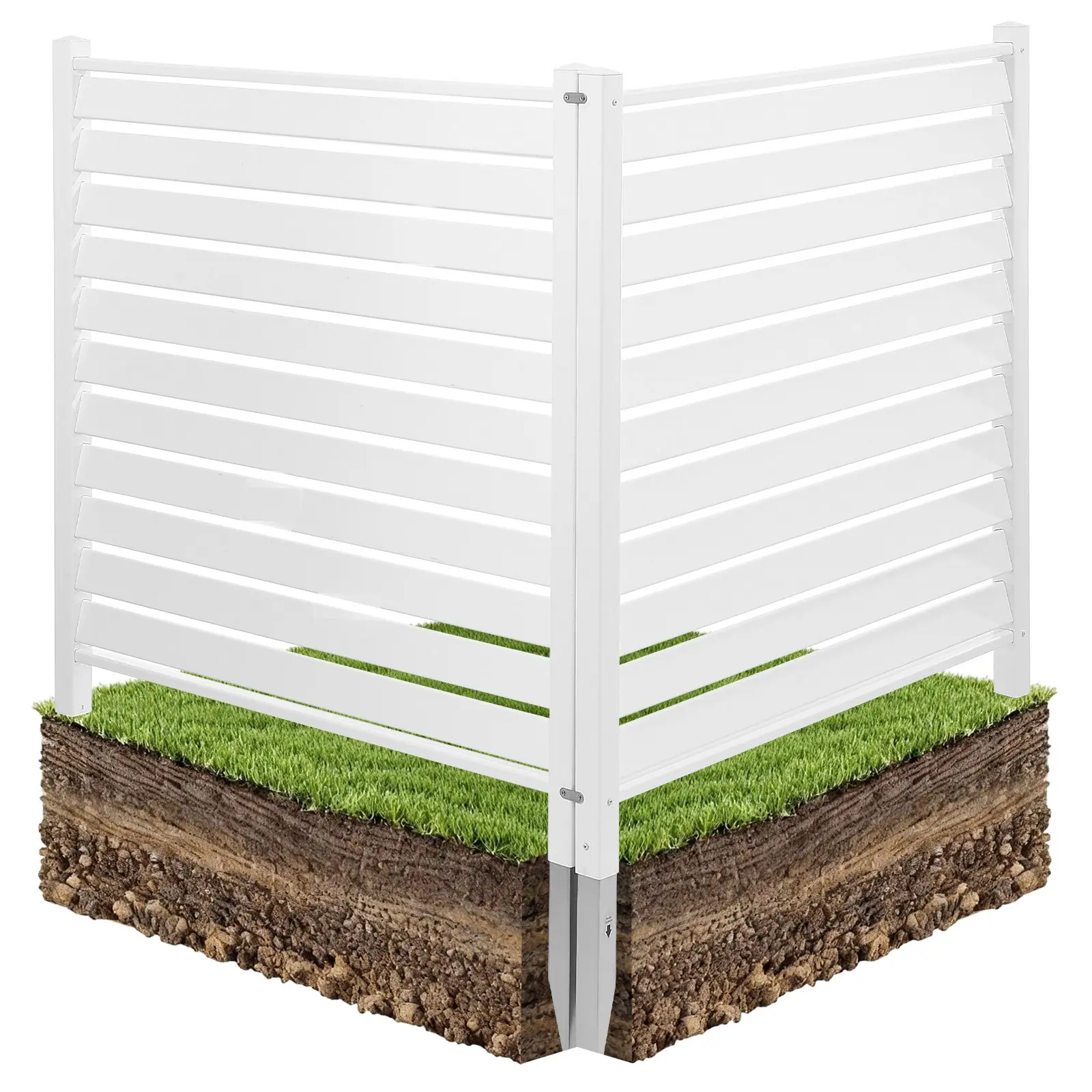 VEVOR 2-Panel Privacy Fence, 48x48in PVC Vinyl Louvered Outdoor Privacy Screen, Waterproof Enclosure with 19.7in Ground Stakes, Ideal for Trash Can & A/C Units, White, Fence Privacy Screen