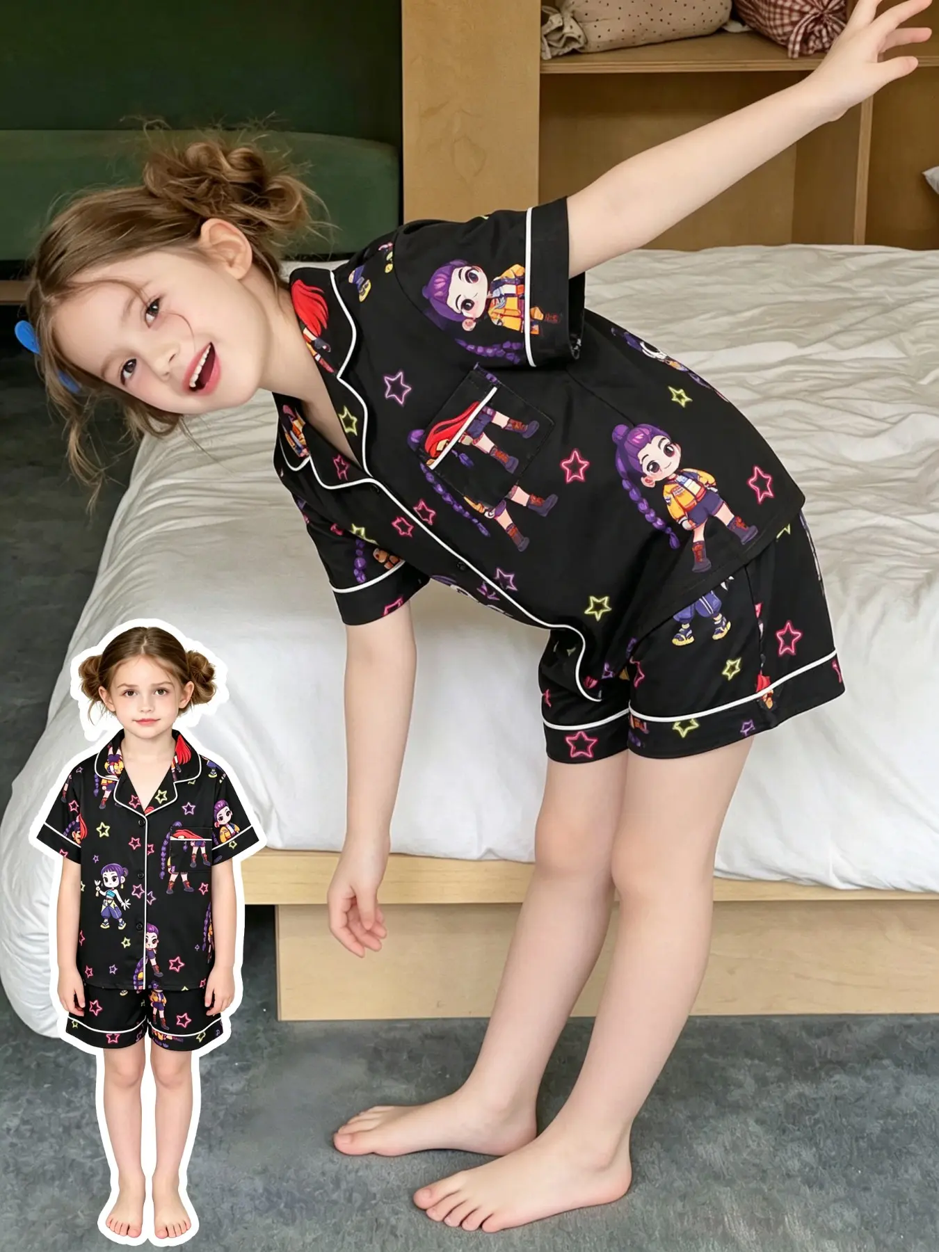 2-Piece Kids' Homewear Set, Cartoon Colorful Sleepwear, with Colorful Star Print Short Sleeve Shorts Soft Comfortable Fabric Top with Pocket and Turned-Down Collar Elasticated Waistband for Daily Home Wear Children's Collared Pajama Sleepwear Set