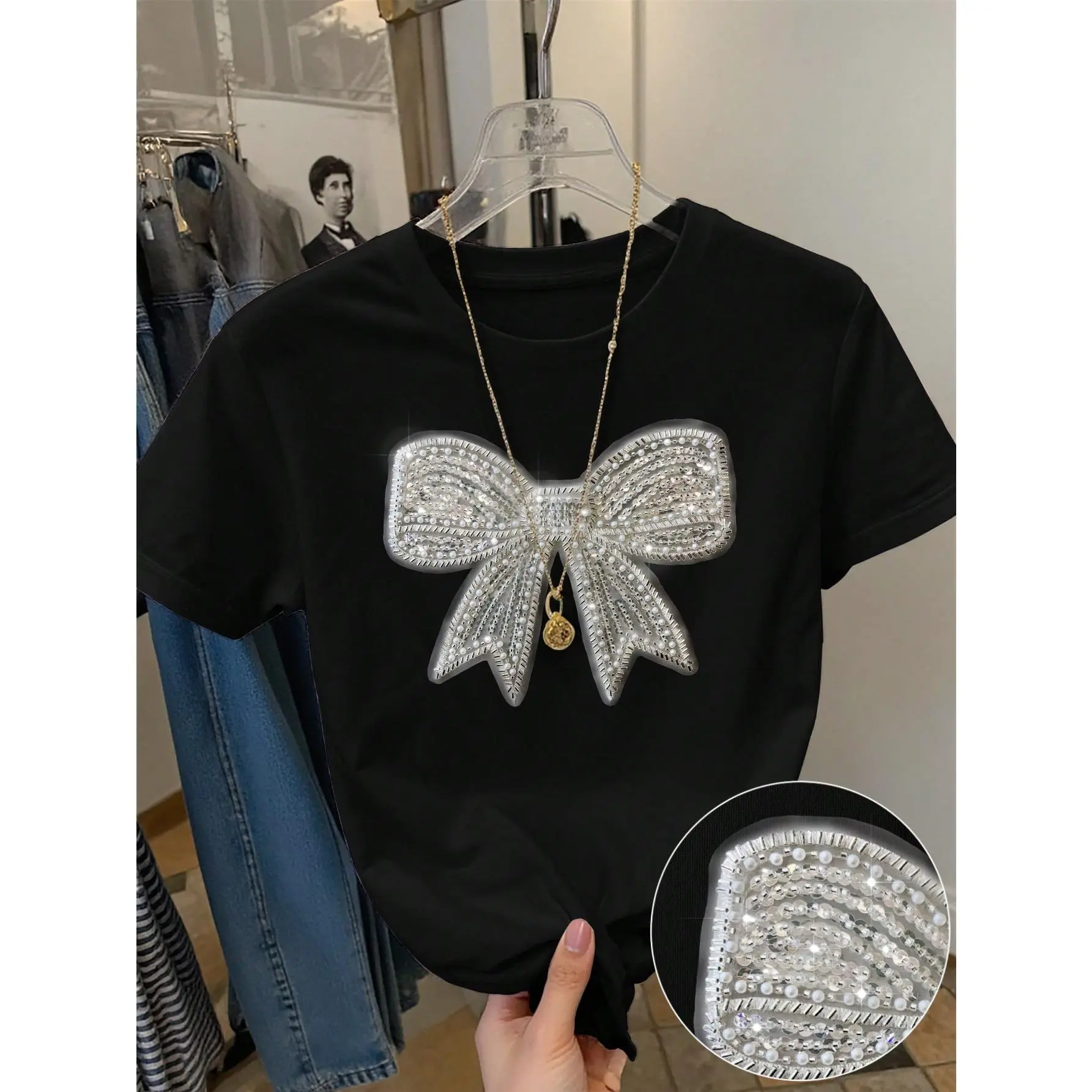 Ladies Regular Fit Round Neck Short Sleeve T-Shirt With Elegant Beaded Bow Embroidery