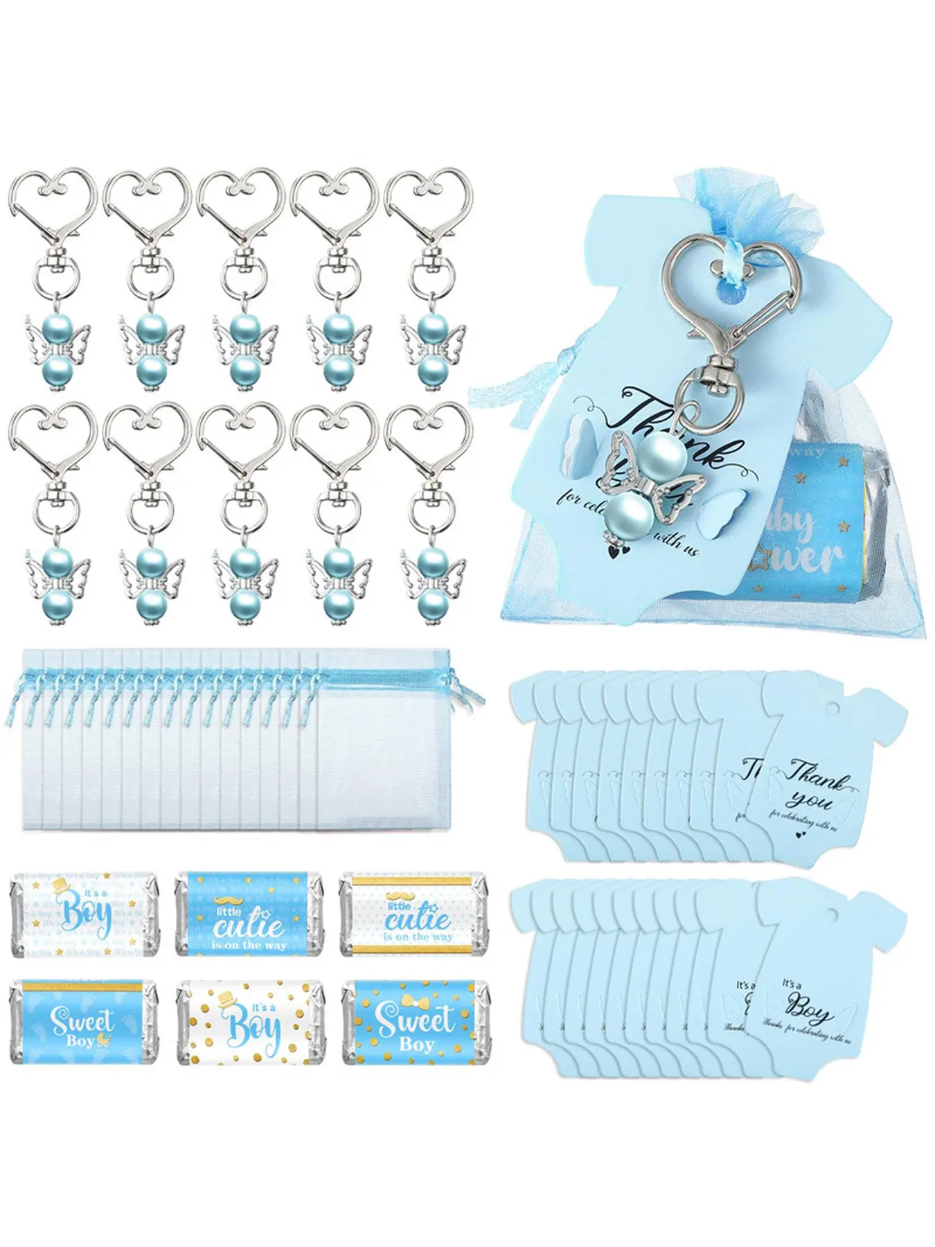 Heart-shaped keychains, chocolate stickers and candy gift bags are creative party favors for guests to keep as souvenirs.