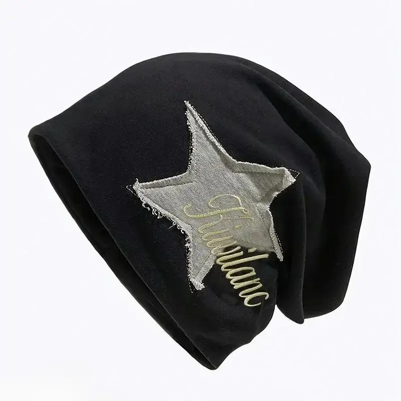 Unisex Y2K Cotton Knit Slouchy Beanie - Embroidered Star Patch, Oversized Soft Streetwear Skull Cap, Warm Headwear for Fall, Winter Daily Wear tiktokshopbacktoschool, Head Cover, Casual Hat