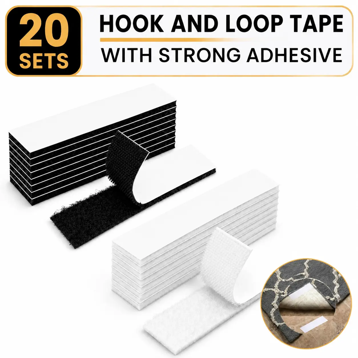20-Pack Heavy Duty Double-Sided Hook and Loop Tape Strips, 1x3 in Adhesive Fastener Tapes, Reusable Interlocking Mounting Strips for Home Office, Craft Projects, Tools and Gadgets