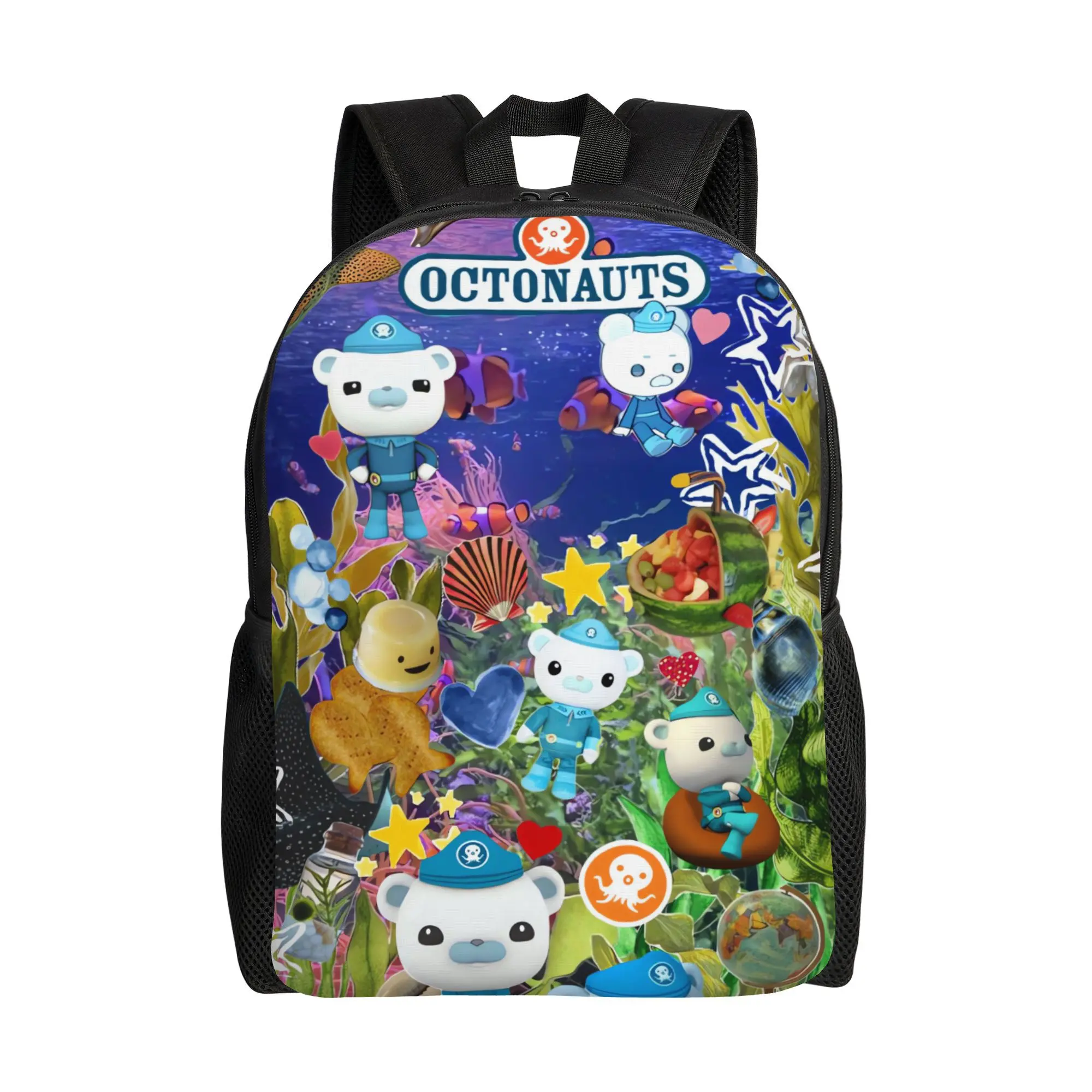 Octonauts Barnacles Collage Backpack - 600D Synthetic 15-Inch Laptop Bookbag, Bright Fade-Resistant Printing, Toddler Gear for Beach Outings, Kindergarten Travel Daypack Gift for Boys Girls, Cartoon Character, Daily School, Cute, Deep Ocean Background