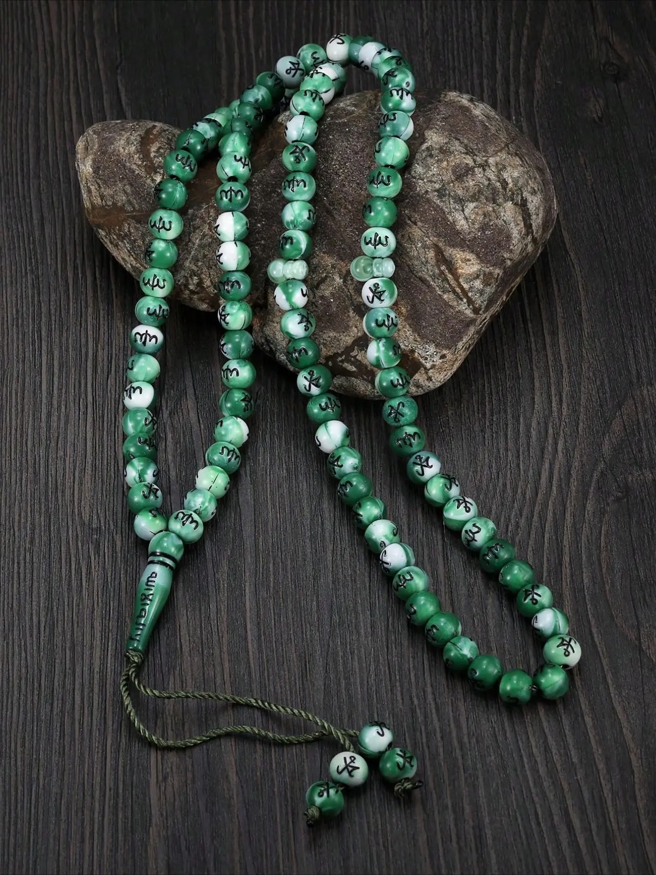 Green Symbol Totem Circular Acrylic Bead, Tassel Shaped, Hand Knotted Prayer Beads, Daily Prayer Handheld Beads, Unisex, Islamic, For Muslim