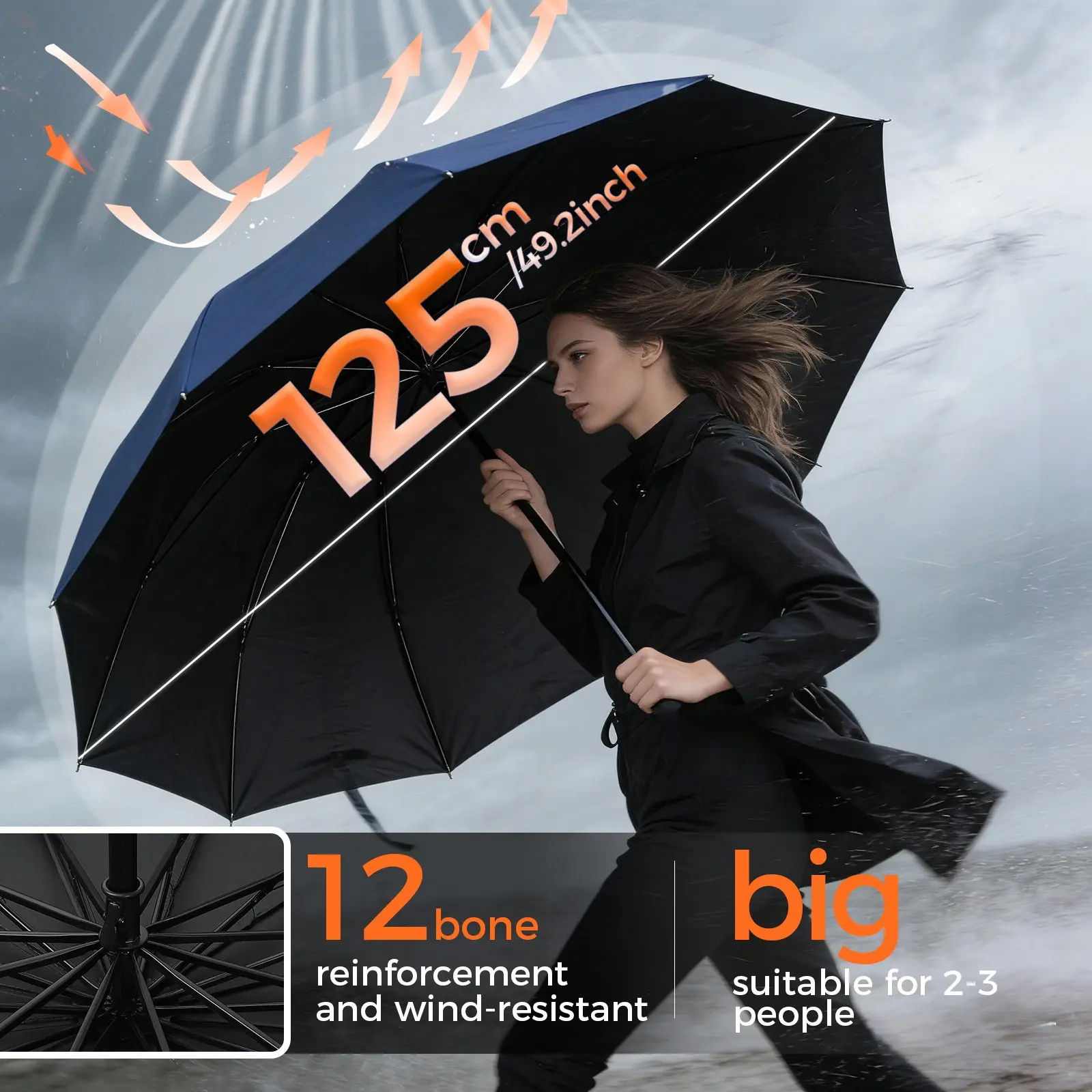 Large 12-Rib Folding Umbrella, Reinforced Steel Frame, 4 Colors Available, Manual Open-Close, Portable Foldable, Suitable for 2-3 People, Umbrellas For Rain