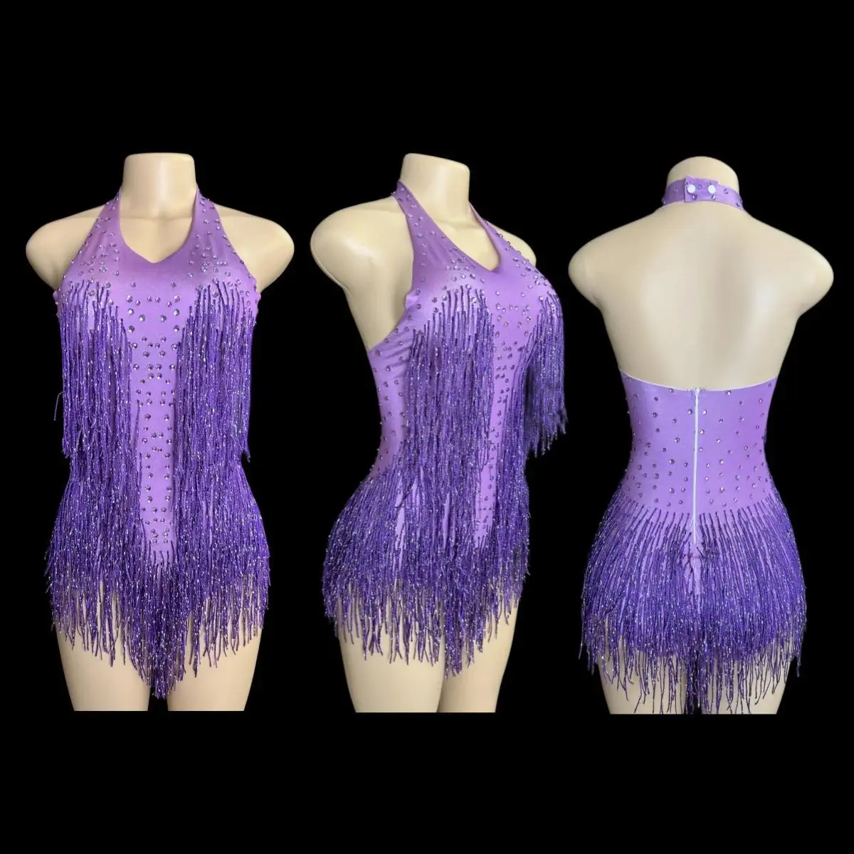 Women's Strapless Rhinestones Fringe Tassel Bodysuit - Acrylic, Nylon Fabric, Leotard Form Evening Nightclub Party Stage Wear Costume Clothing 7G Piece
