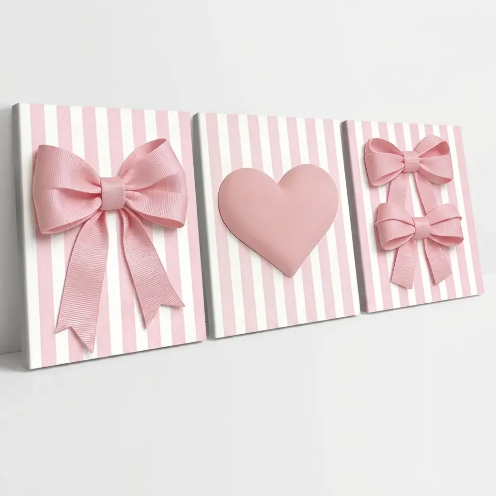 3-Piece Canvas Wall Art Set for Girls Bedroom Dorm, Pink Coquette Bow and Heart Aesthetic Wall Decor, Mix and Match Triptych, Stretched or Framed Canvas
