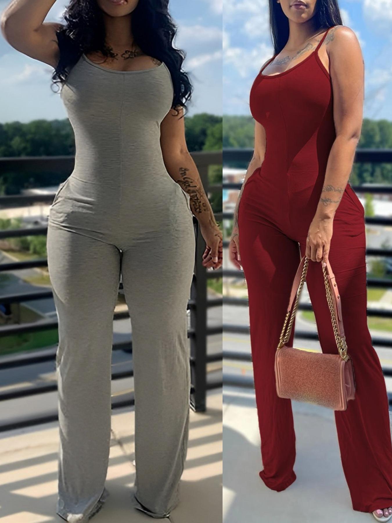 Women's Fashion Sleeveless Knit Bodycon Jumpsuit, Plain Color Pocket Design, Casual Summer, Tight-Fitting One-Piece Dress