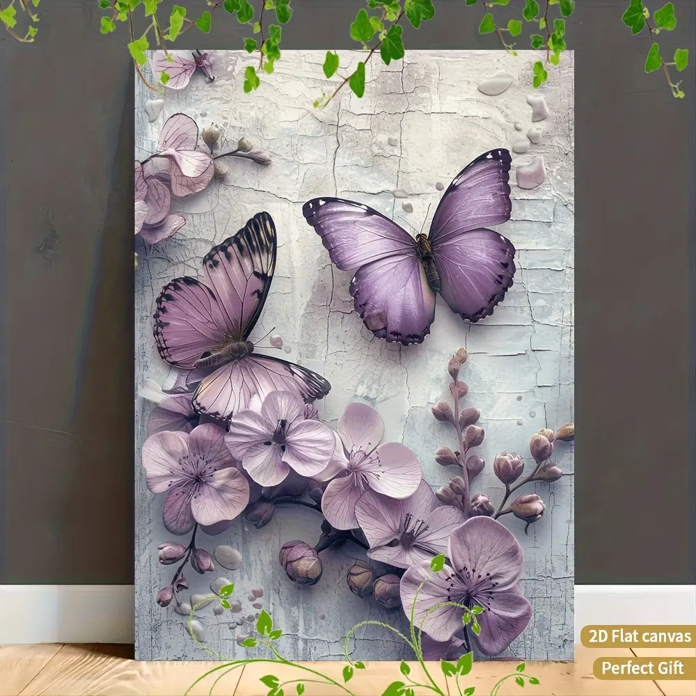 2D Flat Canvas 1 Piece Purple Butterfly Lavender Background Art Painting, Wall Decoration, Suitable for Corridors, Offices, Room Decoration, Creative Home Wall Art (Framed and Edged Canvas), Perfect Bedroom Decoration