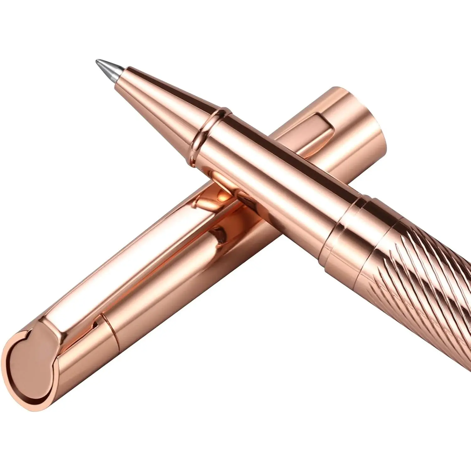 Women's Luxury Rosegold Stainless Steel Rollerball Pens Set - Smooth-Write Refillable Black Liquid Ink, Fancy Gift Box for Executive Office Use