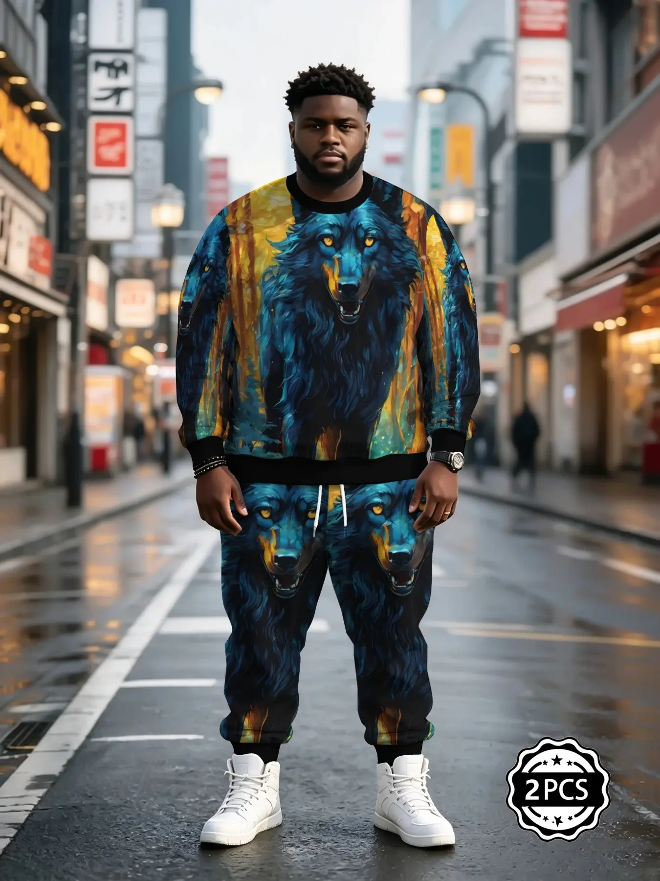 Men's Large Size Jungle Blue Wolf Digital Print Sweatshirt Set, Cool Round Neck Long Sleeve Top, Drawstring Ankle Pants, Casual Sports Wear