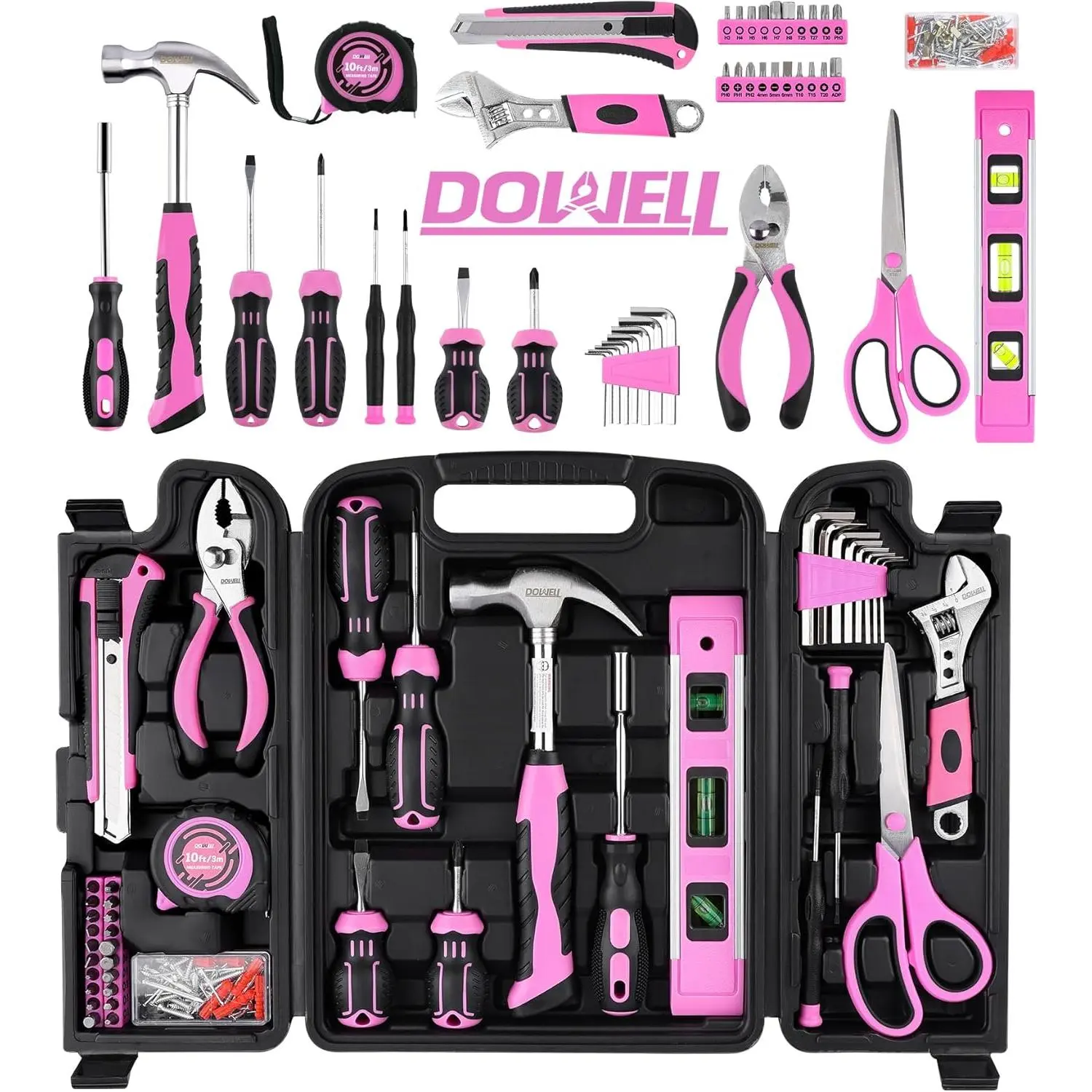 DOWELL 123-Piece Pink Home Repair Tool Kit for Women & Girls - All-in-One  Toolkit with Ergonomic Handles, Durable Toolbox, Non-Slip Grips |   Perfect Gift for Wives, Moms, Crafters