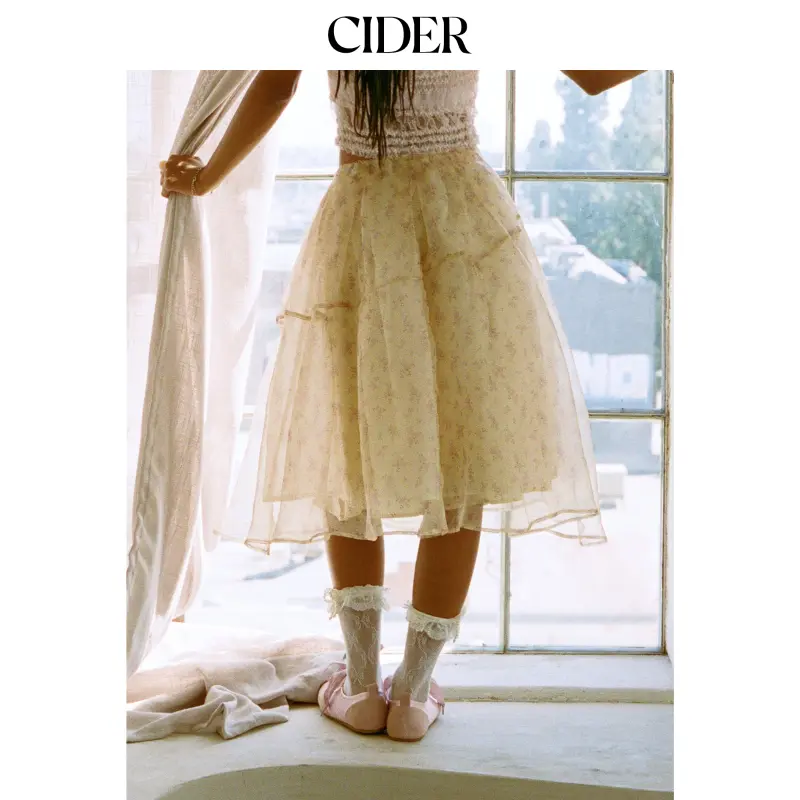 Cider Chiffon Mid Rise Ditsy Floral Tiered Flared Oversized Maxi Skirt