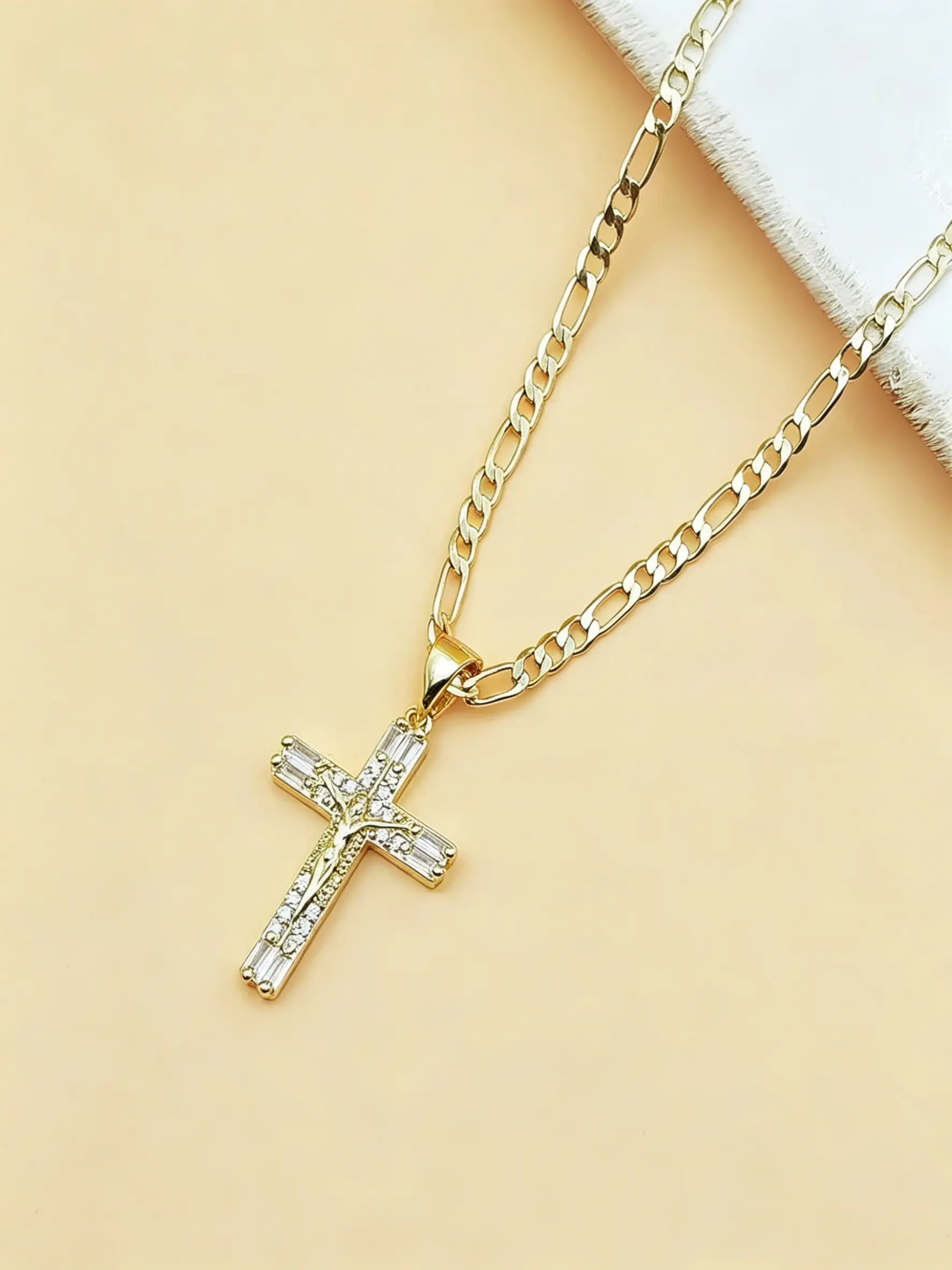 Gold Plated Jesus Cross Necklace for Men Women, Baguette Cubic Zirconia Crucifix Pendant with 24" Figaro Chain, Iced Out Religious Jewelry