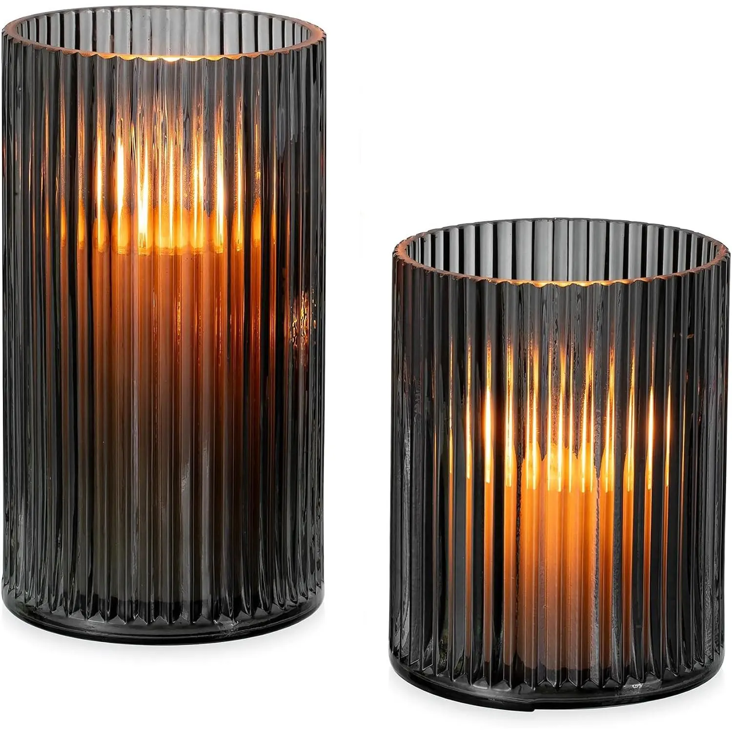 Glasseam Hurricane Glass Candle Holders: 2 Pcs Ribbed Cylinder Grey Vases | 4.72''+6.63'' H, 4mm Thick, for Pillar/Floating Candles, Bouquet, Christmas, Table Centerpieces, Modern Home Decor, Wedding