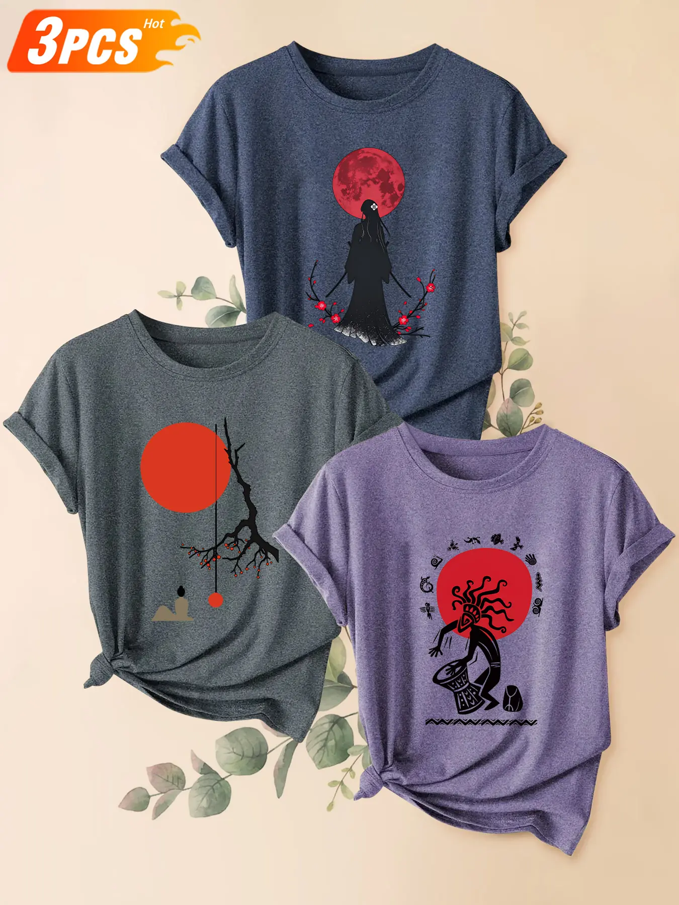 3Pcs Women Crew Neck T-Shirt, Red Moon Kimono Lady Zen Silhouette Native Drummer Oriental Retro Print, Multi-color Washable Spring Summer Top, Soft Skin-friendly Fabric Daily Versatile Fashion Design
