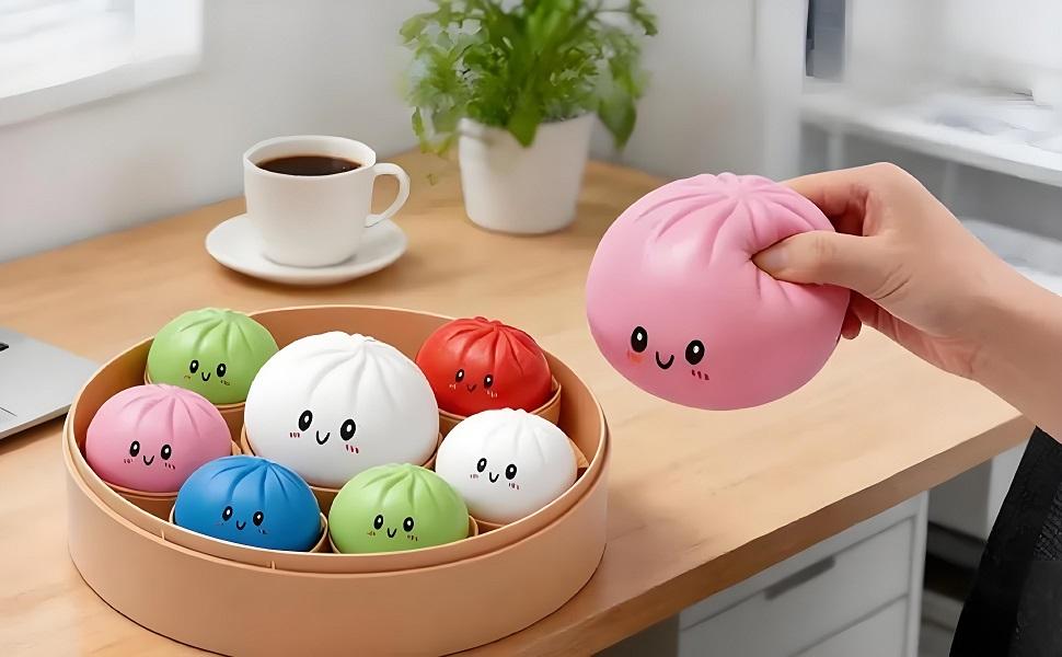 Dumpling Squishies, Glitter Dumpling Stress Relief Toys Box, Colorful Dumplings Stress Balls Fidget Sensory Toy, Easter Basket Stuffers, Stocking Stuffers with Food Steamer Stretchy Desk Toys