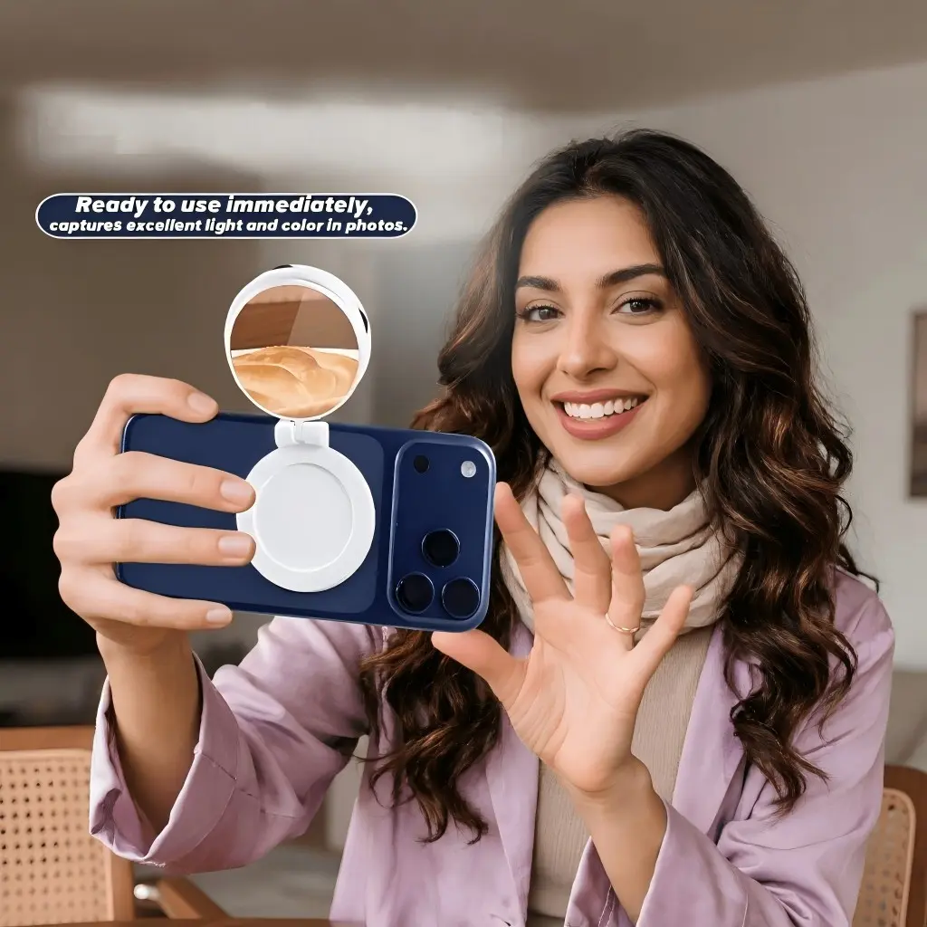 6cm Magnetic Folding Makeup Mirror, Modern Minimalist Design, 3-Tone Lighting, Phone Stand, Portable Charging, Ideal for Travel & Selfies
