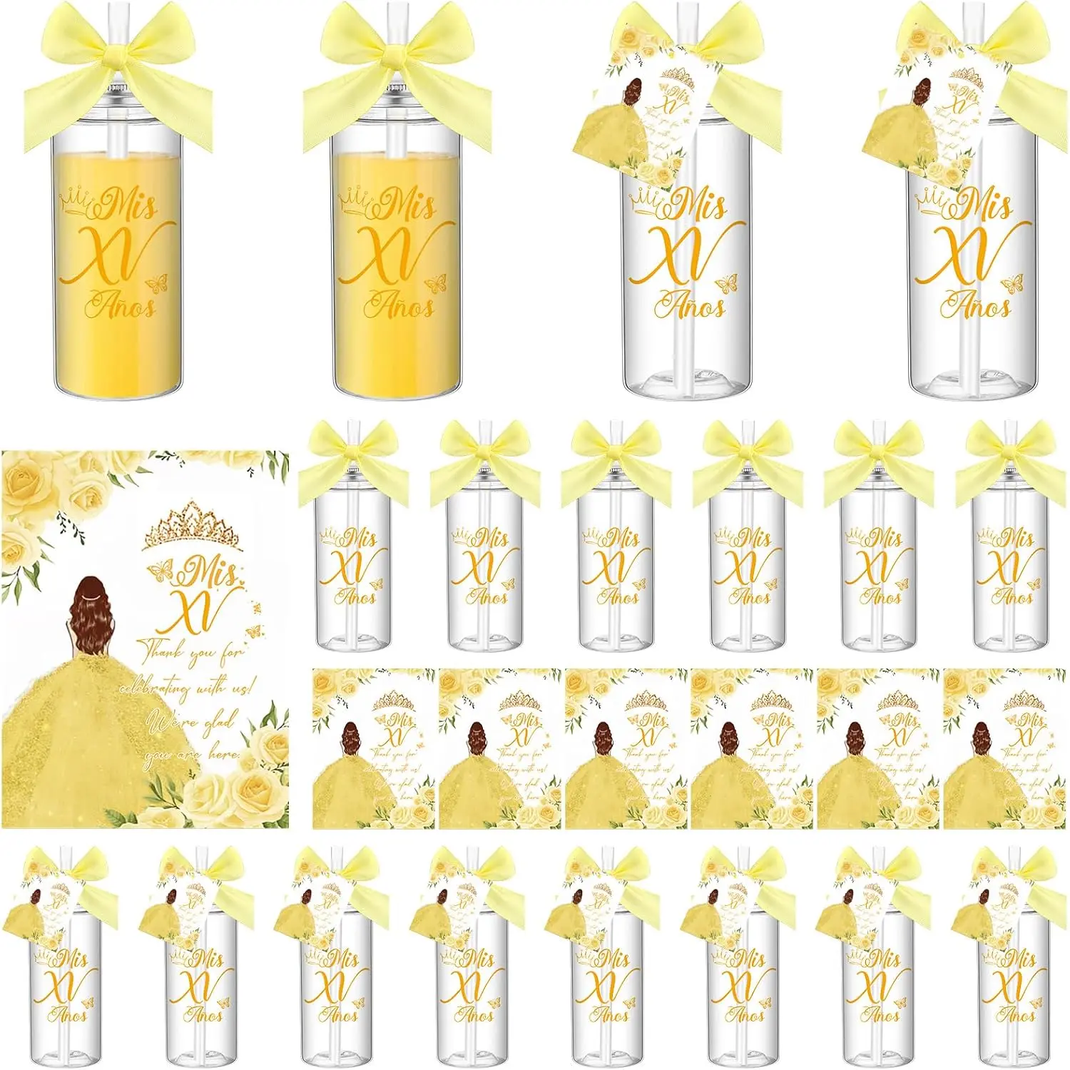 25 Sets Quinceanera Favors for Guests 14 oz Quinceanera Reusable Cup with Lids and Thank You Cards with Ribbon Bow Anos Birthday Favors(Gold)