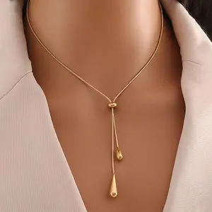 Stainless Steel Pull Adjustable Water Drop Shape Tassel Charm Necklace Fashion Personality High-Grade Jewelry Gifts