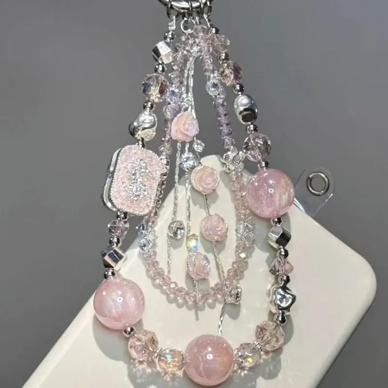 Chic Bag Chains and Charms for Women, Aesthetic Rose Accent Tassel Keychain, Lightweight Double Layer Beaded Pendant for Daily Carry